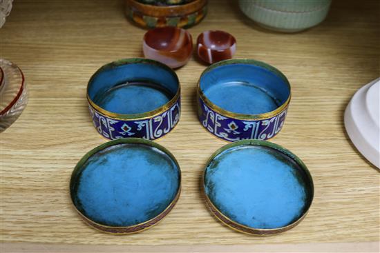 Two Islamic champleve enamel boxes and covers, agate geode halves and quartz cups